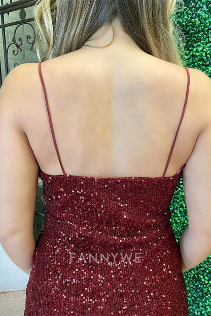 FannyWe Elegant Tight Burgundy Sequins Short Party Dress formal wear dresses