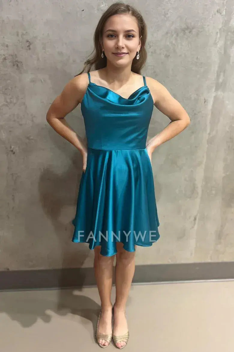 FannyWe Simple Turquoise Cowl Neck Lace-Up A-Line Homecoming Dress formal wear dresses
