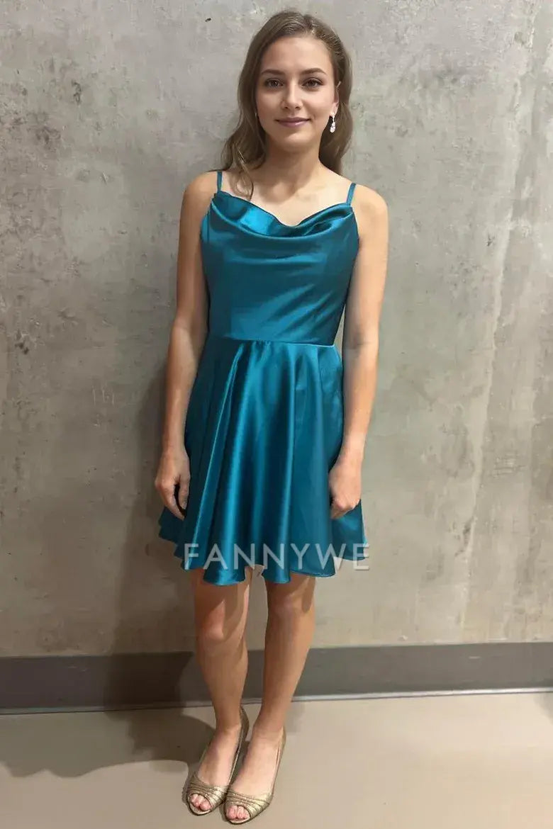 FannyWe Simple Turquoise Cowl Neck Lace-Up A-Line Homecoming Dress formal wear dresses