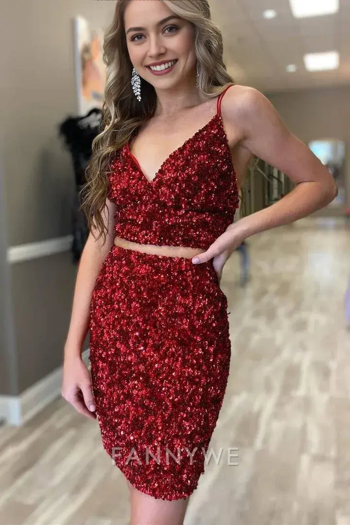 FannyWe Simple Two Piece Tight Red Sequins Homecoming Dress formal wear dresses
