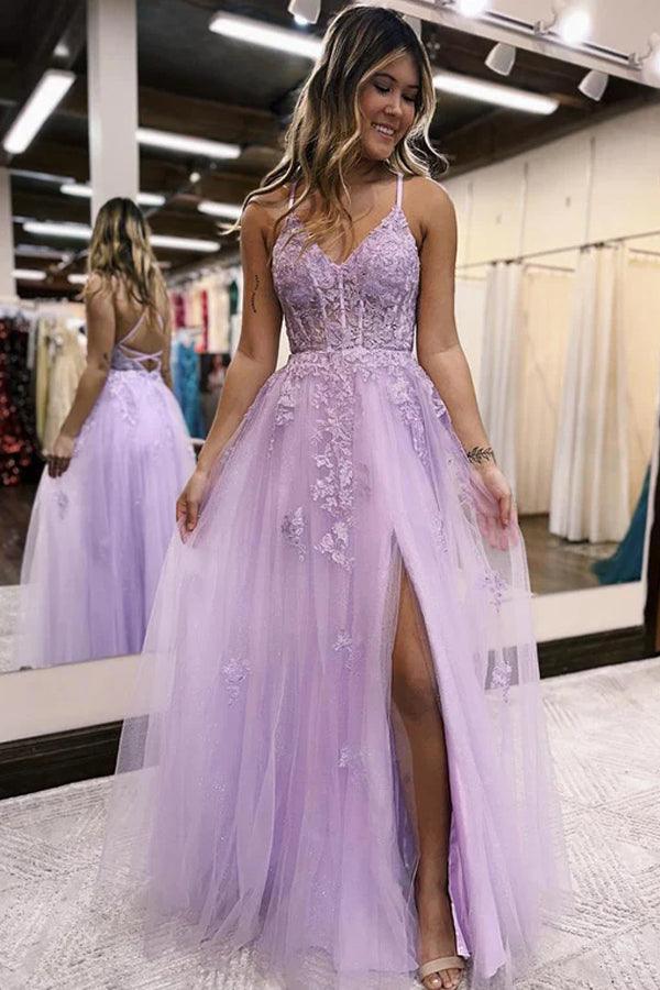 A-Line V Neck Tulle Long Slit Prom Dress