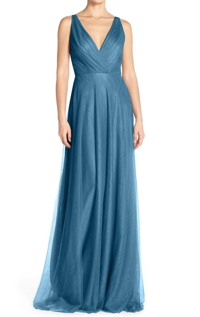 A Line V Neck Tulle Long Bridesmaid Dress