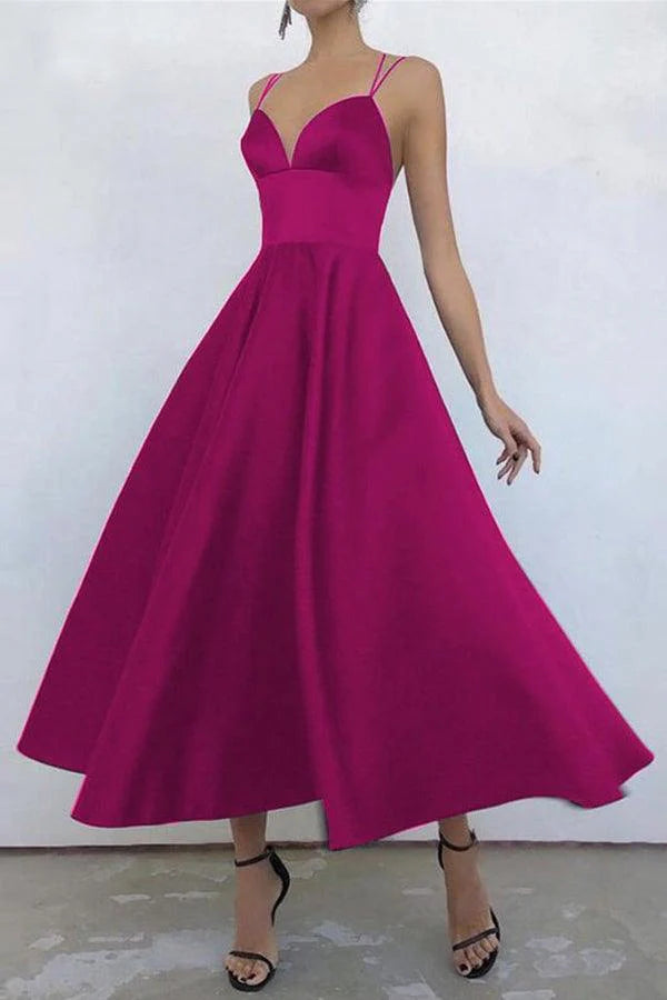Simple V Neck Satin Tea Length Prom Dresses