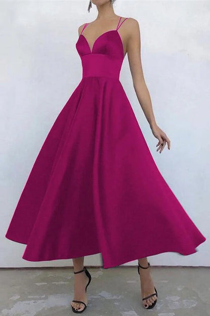 Simple V Neck Satin Tea Length Prom Dresses