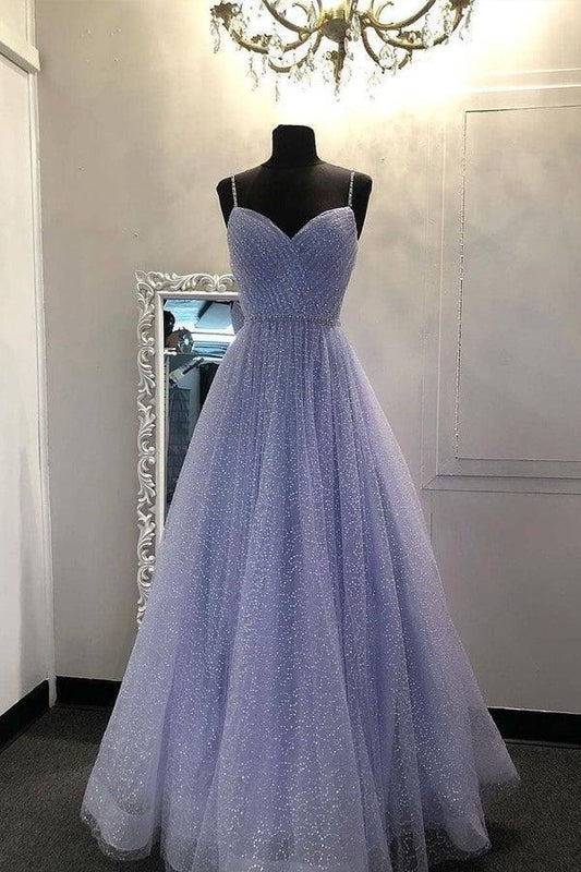 A-Linie Träger V-Ausschnitt Tüll Glitzerndes Ballkleid
