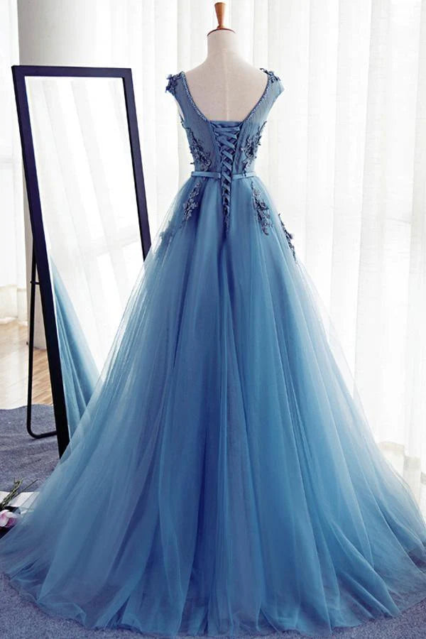 Tulle Round Neck Lace Long Prom Dress