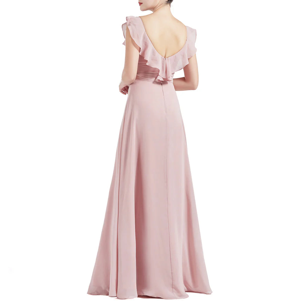 V Neck Ruffle Cap Sleeve Long Bridesmaid Dresses