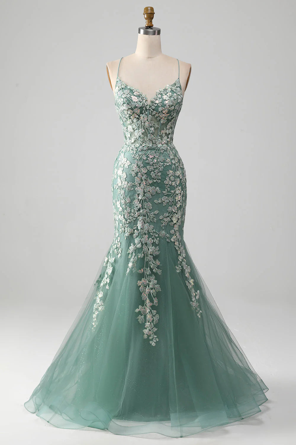 Mermaid Lace Back Appliques Prom Dress
