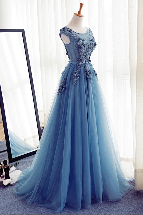 Tulle Round Neck Lace Long Prom Dress