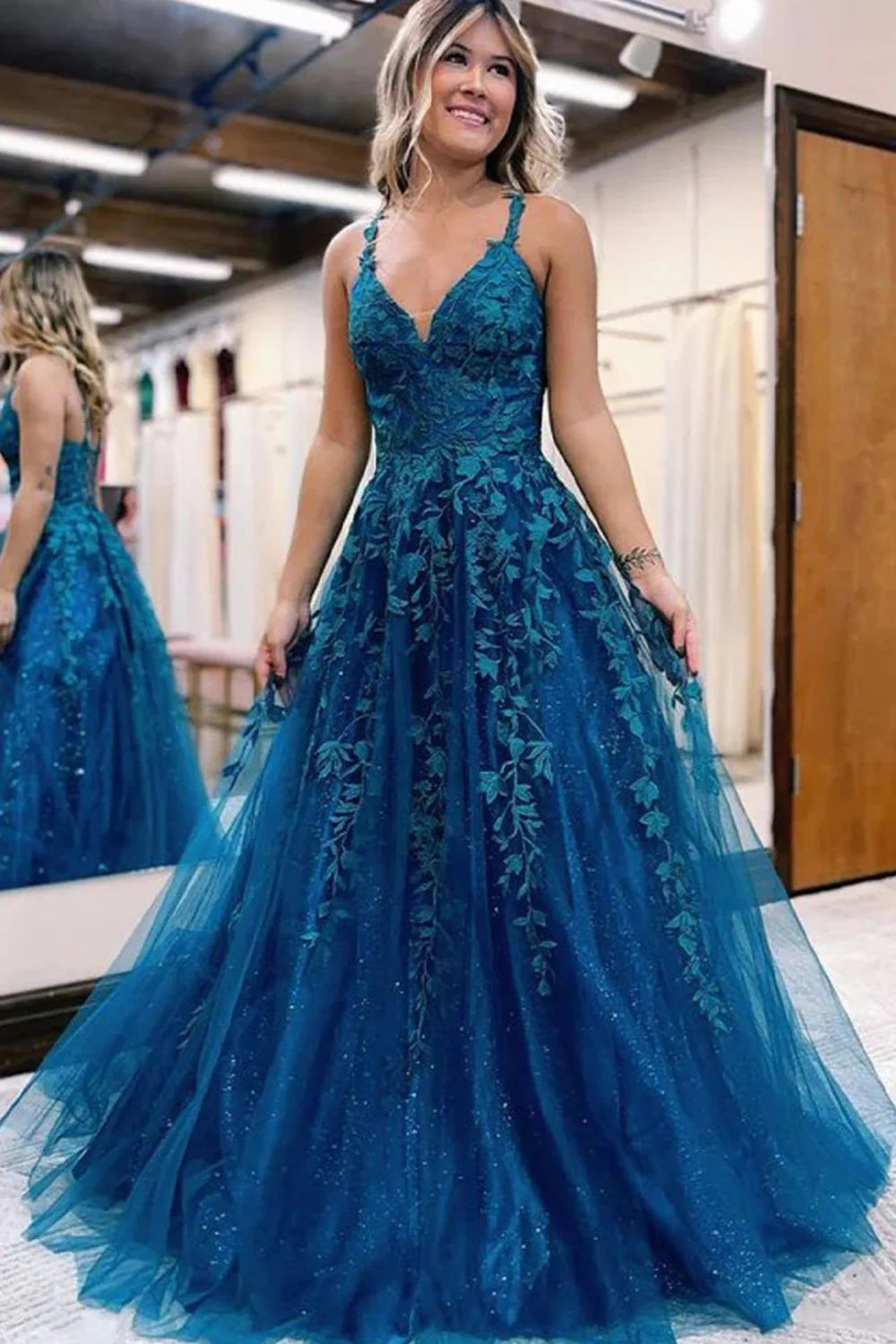A-Line Glitter Lace Long Prom Dress