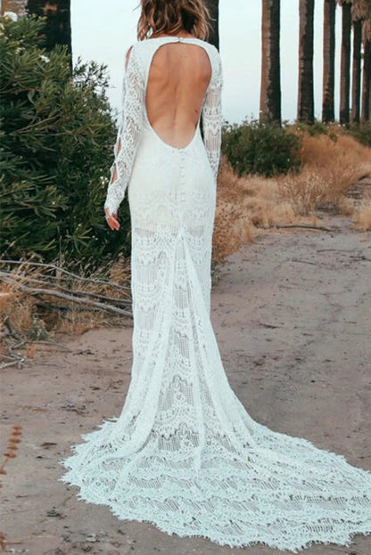 Vestidos de novia de sirena con escote en V y mangas largas con apliques