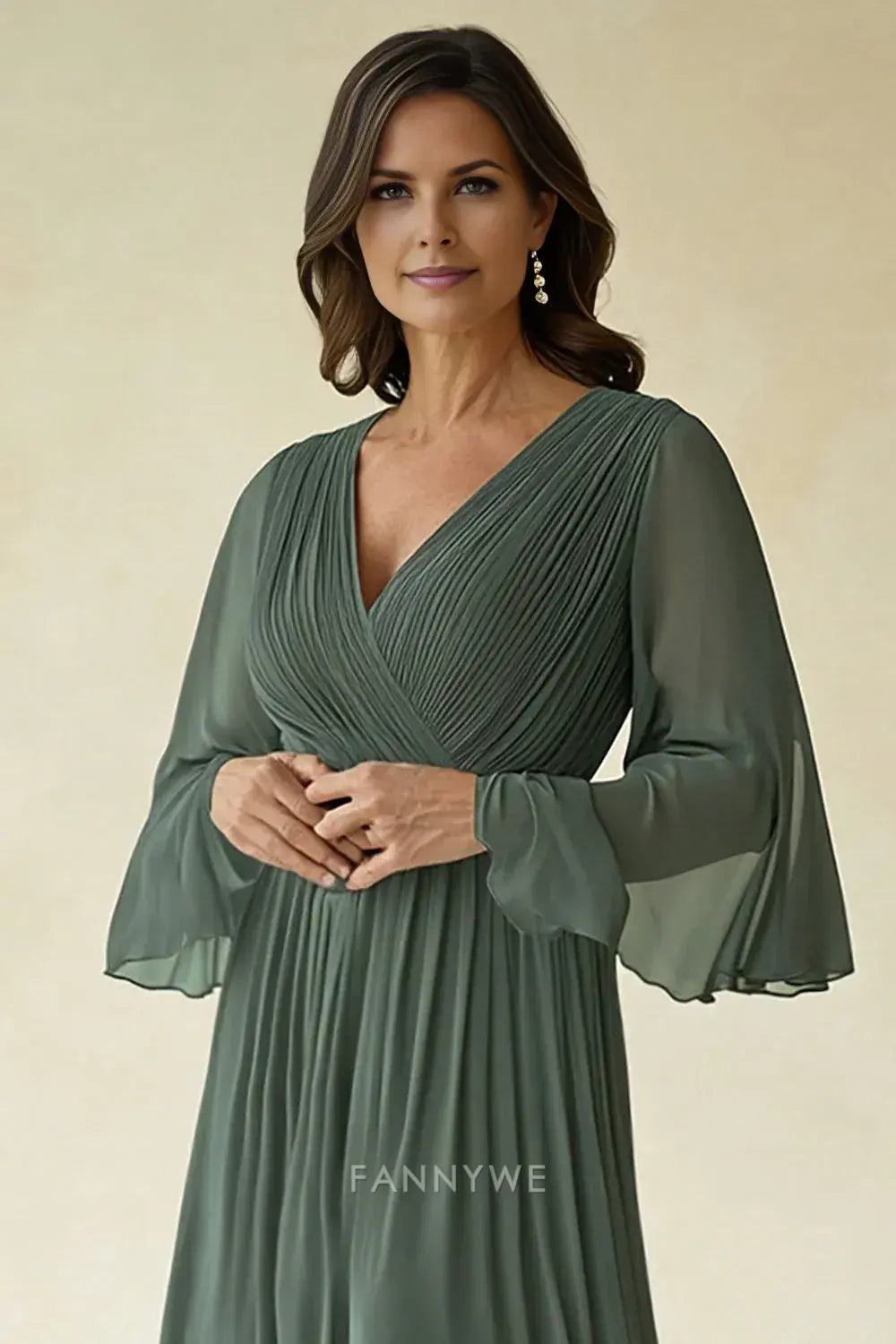 Elegant V - Neck Sheath/Column Chiffon 1/2 Flutter Sleeves Floor-Length Mother of the Bride Dress