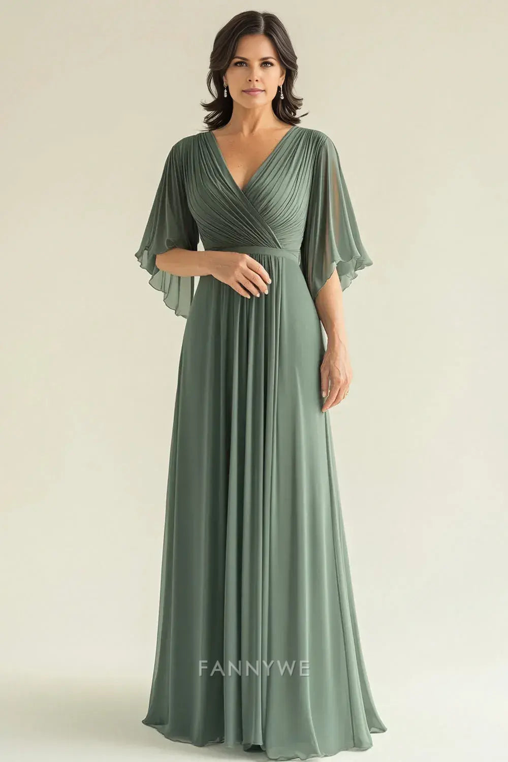 Elegant V - Neck Sheath/Column Chiffon 1/2 Flutter Sleeves Floor-Length Mother of the Bride Dress