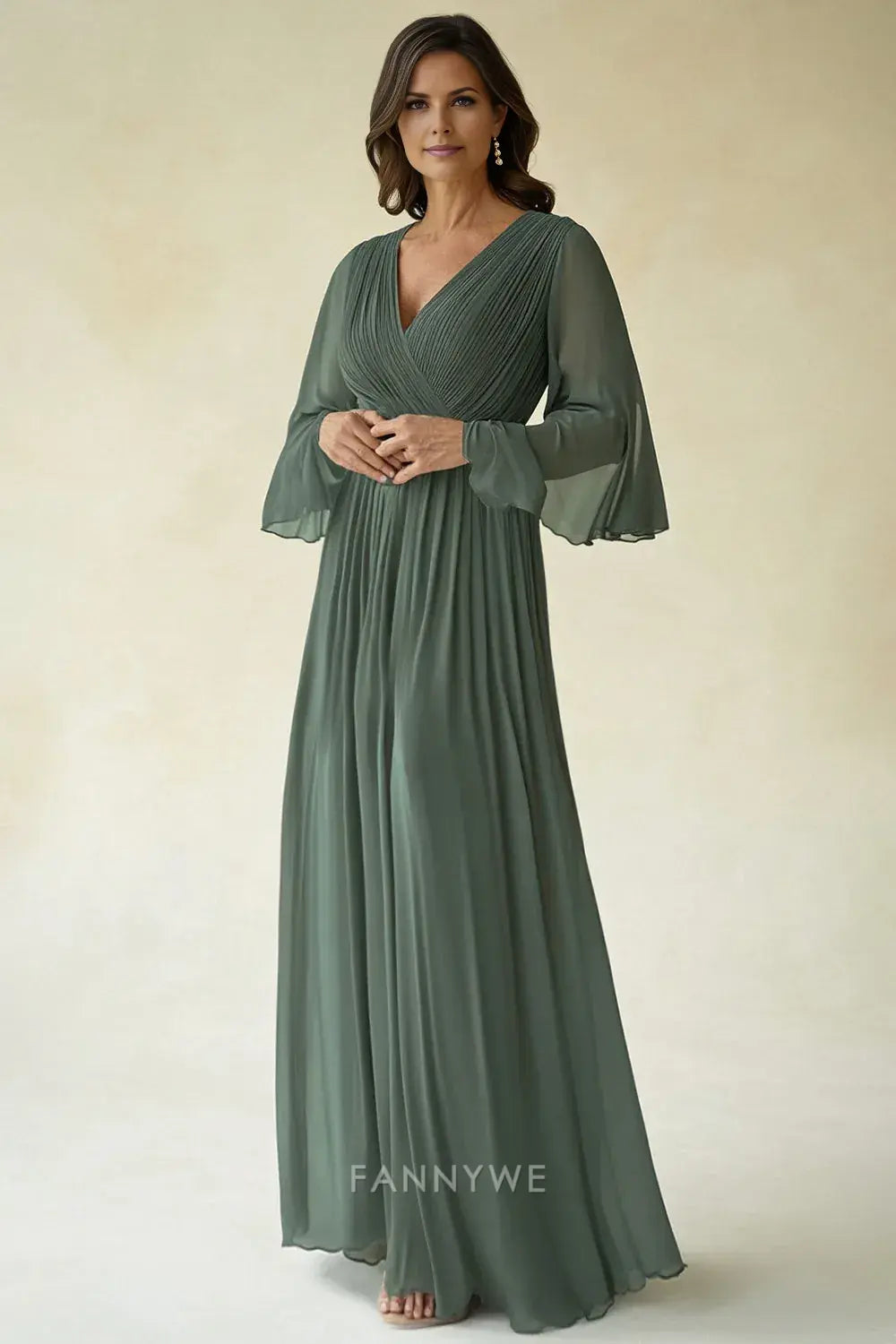 Elegant V - Neck Sheath/Column Chiffon 1/2 Flutter Sleeves Floor-Length Mother of the Bride Dress
