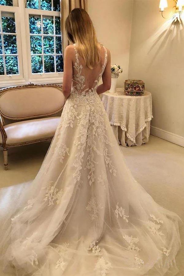 A-Line Tulle V Back Wedding Dresses V Neck Lace Appliques Bridal Gown