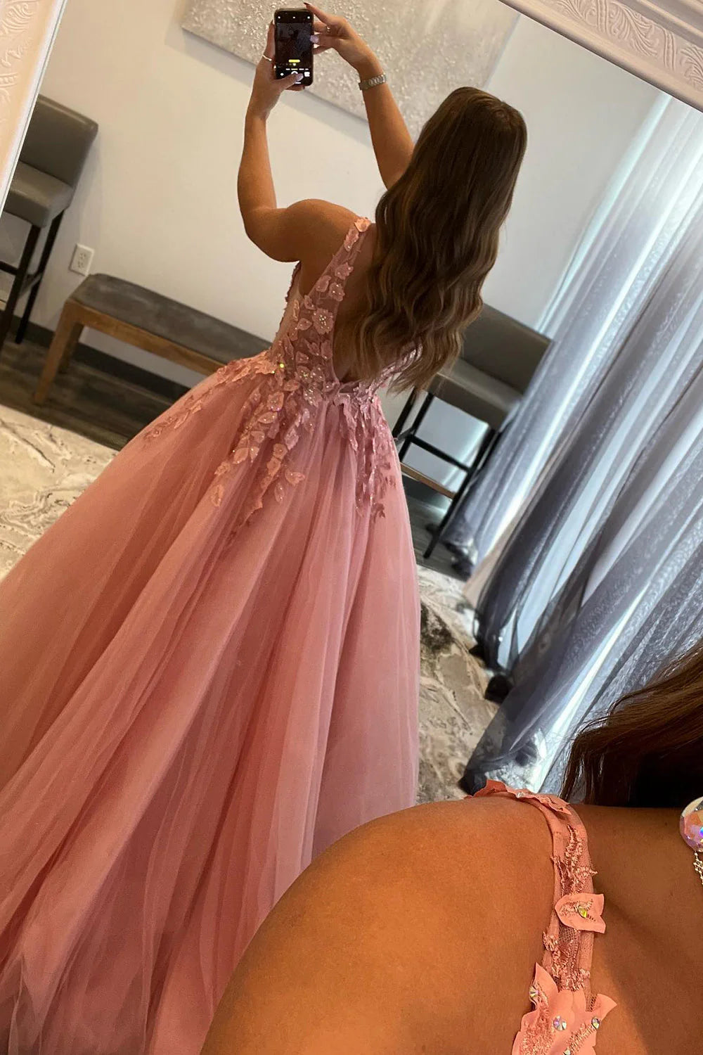 A Line Appliques Deep V Neck Long Prom Dress