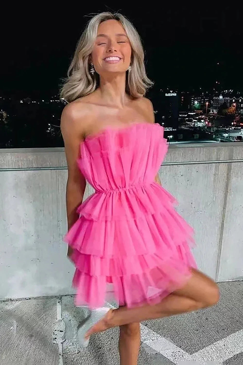 Vestido de fiesta de tul corto sin tirantes, corte A, muy popular