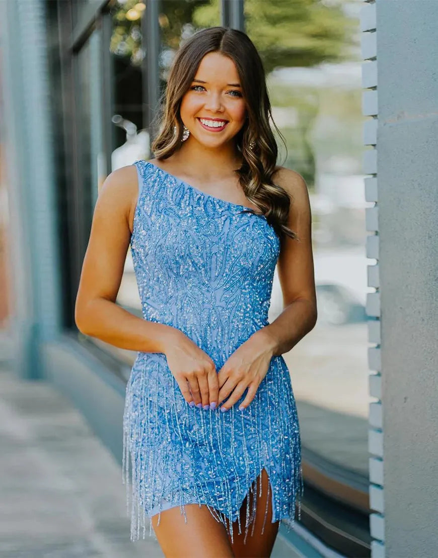 Sexy One-Shoulder Burgundy Homecoming Dress With Tassel