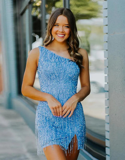Sexy One-Shoulder Burgundy Homecoming Dress With Tassel