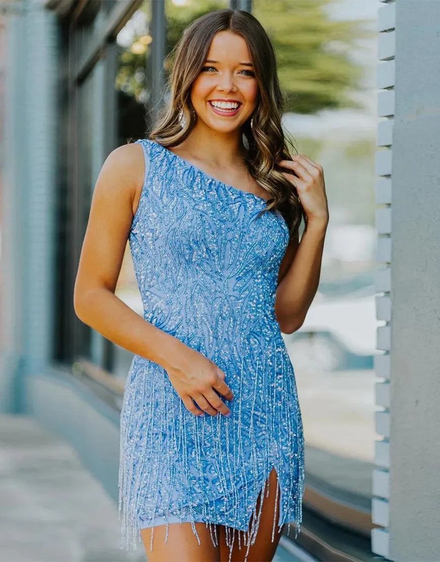 Sexy One-Shoulder Burgundy Homecoming Dress With Tassel