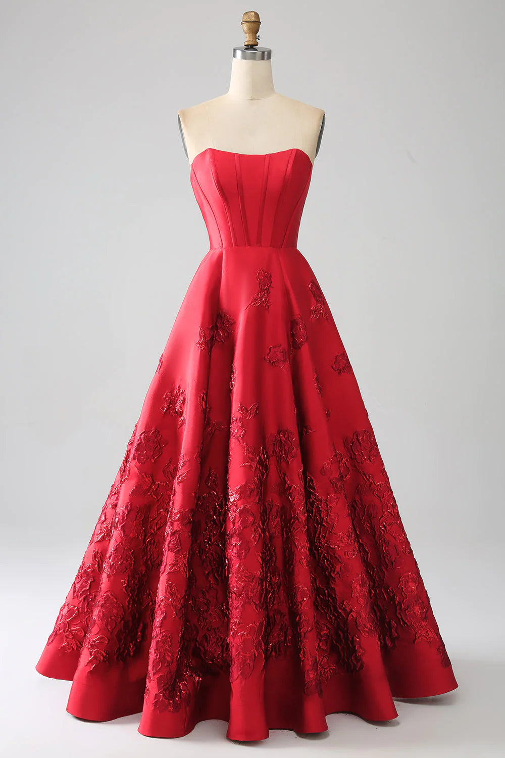 Elegante vestido de fiesta largo rojo oscuro sin tirantes, corte princesa, con flores 3D