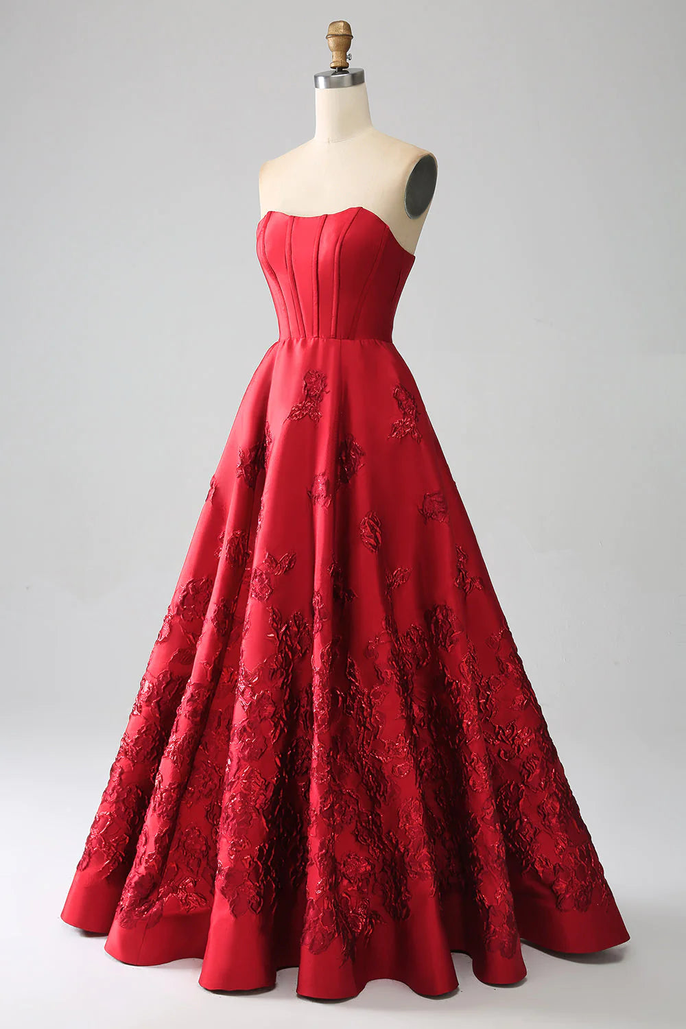Elegante vestido de fiesta largo rojo oscuro sin tirantes, corte princesa, con flores 3D