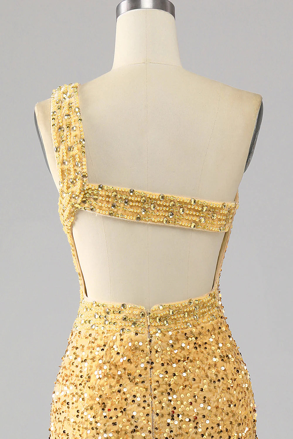 Mermaid Sequins One Shoulder Golden Prom Dress with Slit
