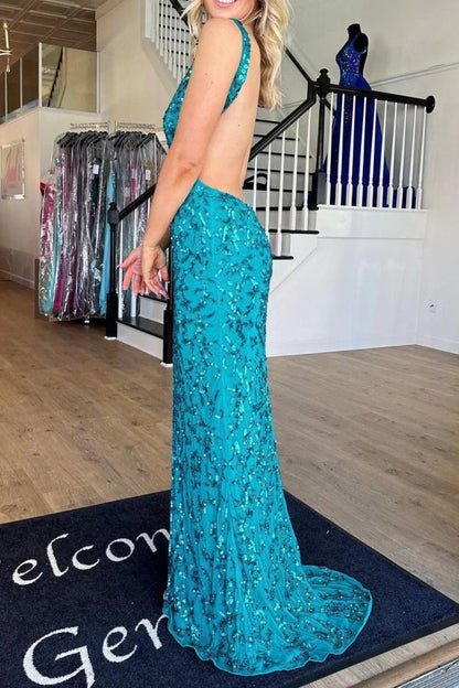 Vestido de fiesta largo de sirena con escote en V y lentejuelas de pavo real sin espalda