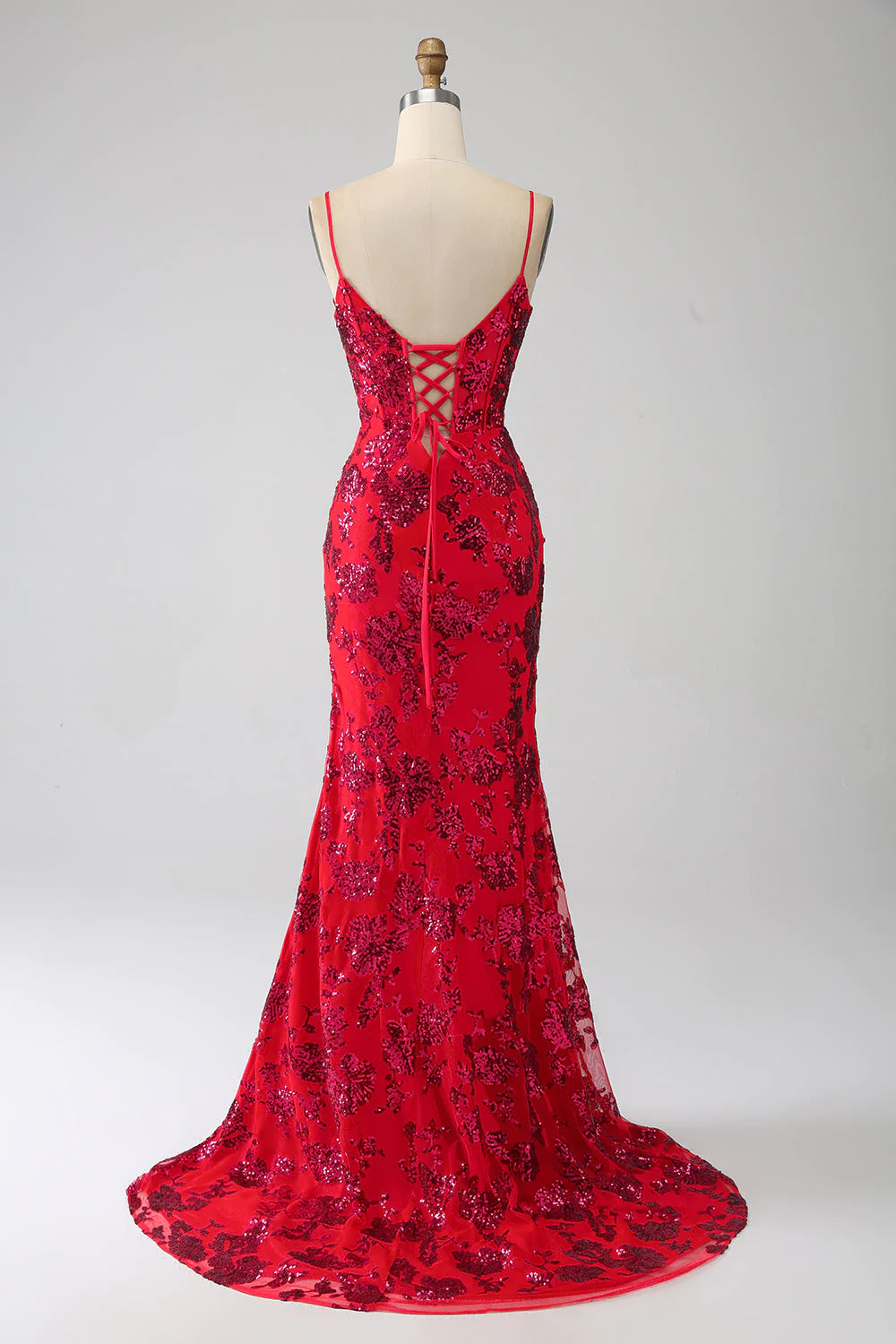 Vestido de fiesta de sirena con lentejuelas en rojo oscuro y abertura