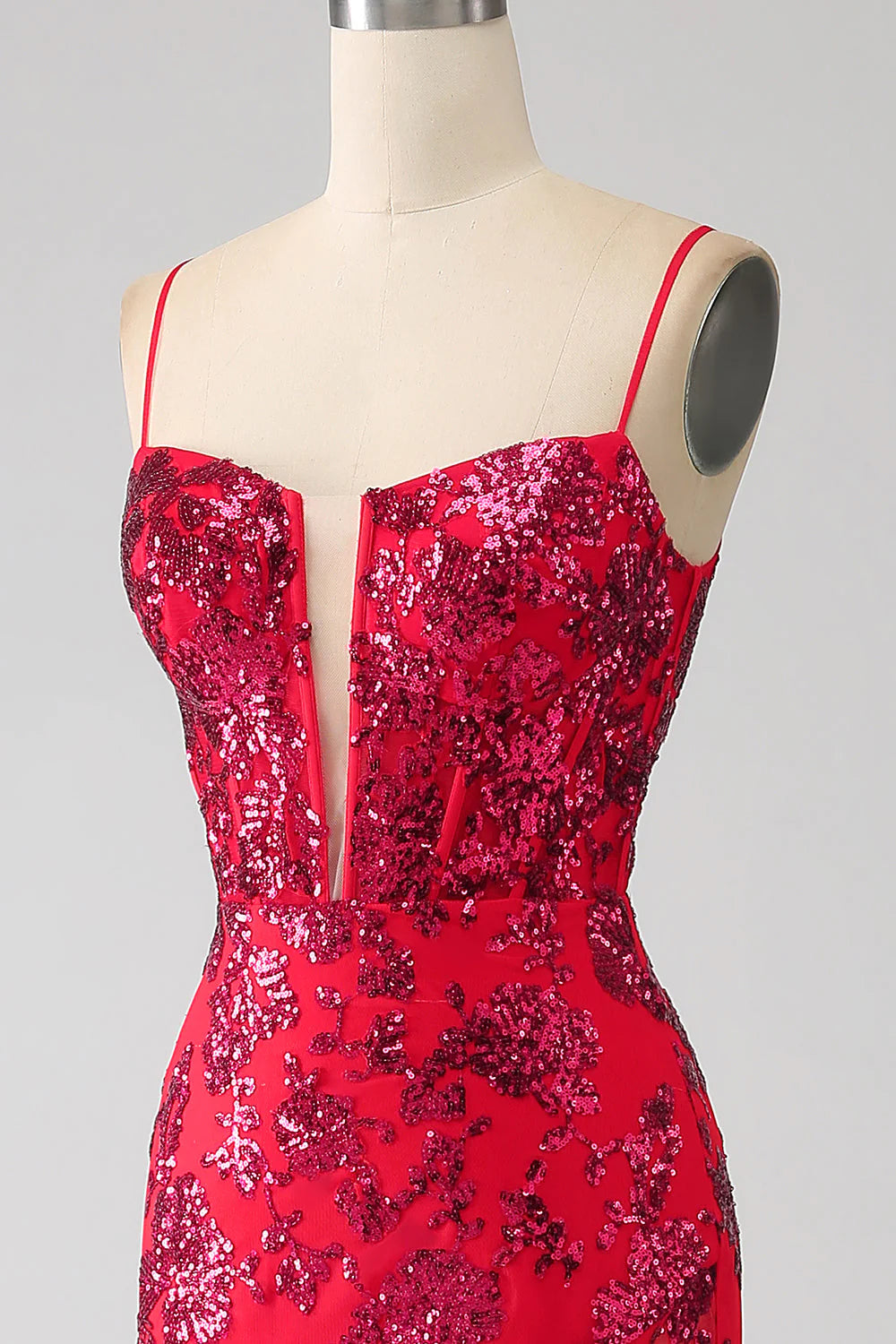 Vestido de fiesta de sirena con lentejuelas en rojo oscuro y abertura