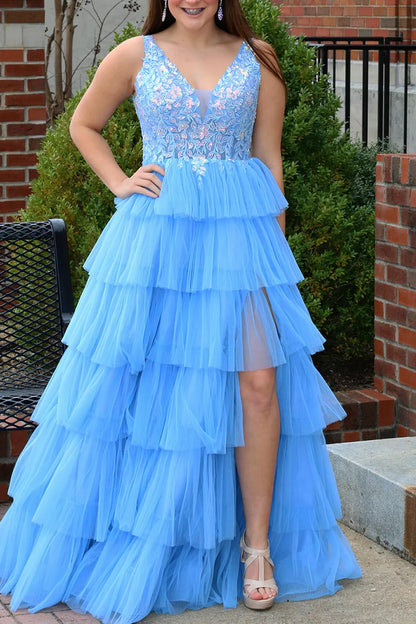 A Line V-Neck Long Tiered Prom Dress