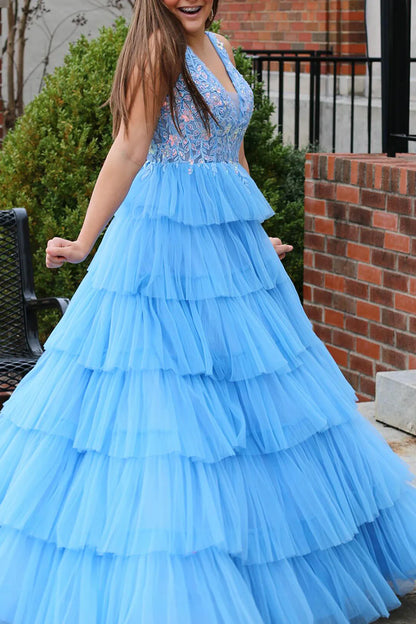 A Line V-Neck Long Tiered Prom Dress