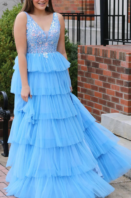 A Line V-Neck Long Tiered Prom Dress