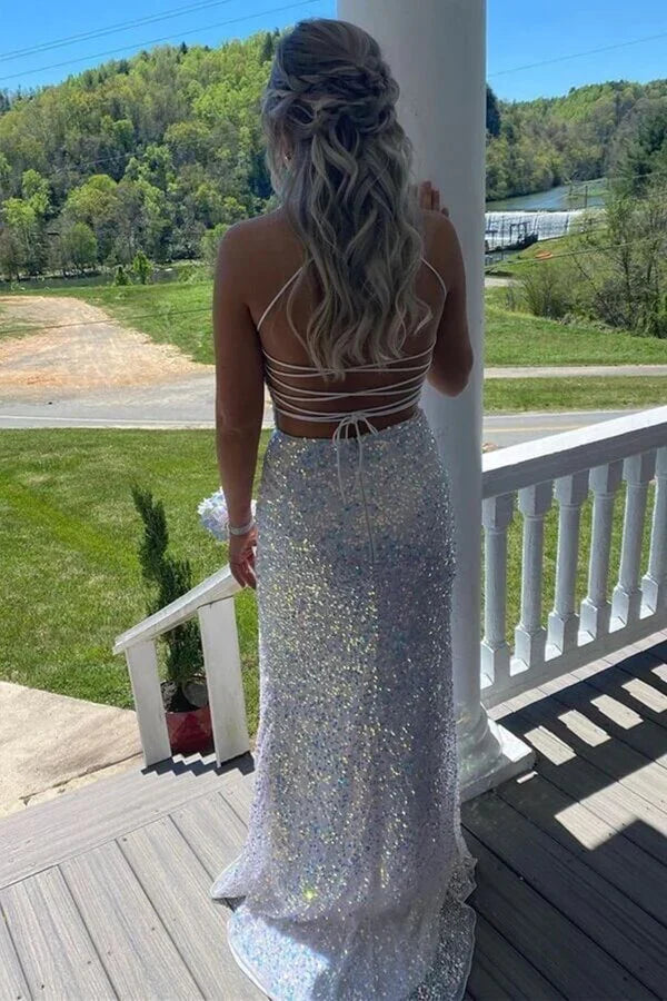Mermaid Sequins Backless Slit Prom Dresses Long Formal Dress