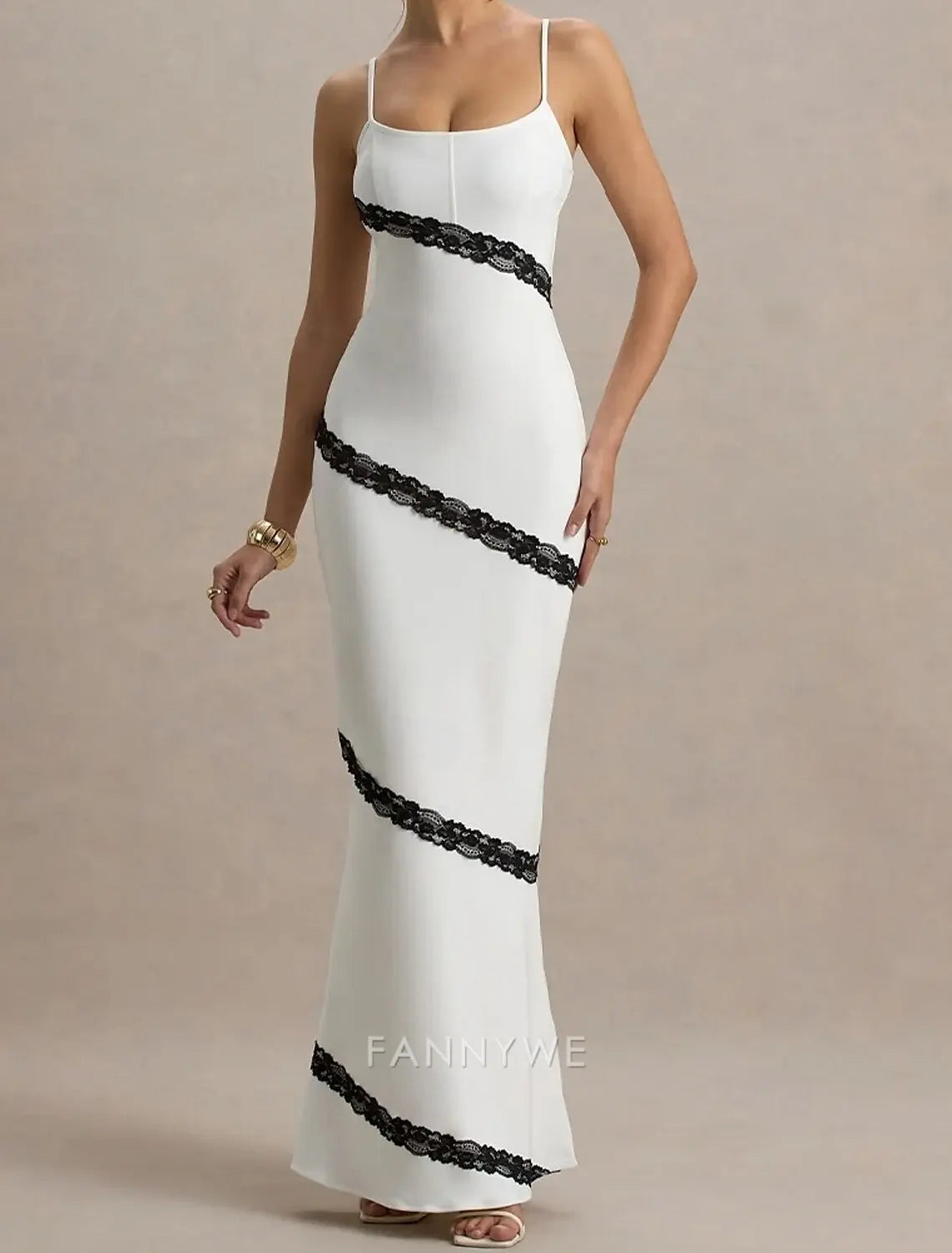 FannyWe - Vestido de fiesta elegante, sencillo, blanco, estilo sirena/trompeta, semiformal, para boda, largo hasta el suelo, sin mangas, con tirantes finos, de crepé elástico y apliques de encaje 