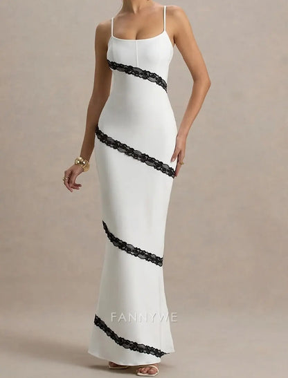 FannyWe - Vestido de fiesta elegante, sencillo, blanco, estilo sirena/trompeta, semiformal, para boda, largo hasta el suelo, sin mangas, con tirantes finos, de crepé elástico y apliques de encaje 