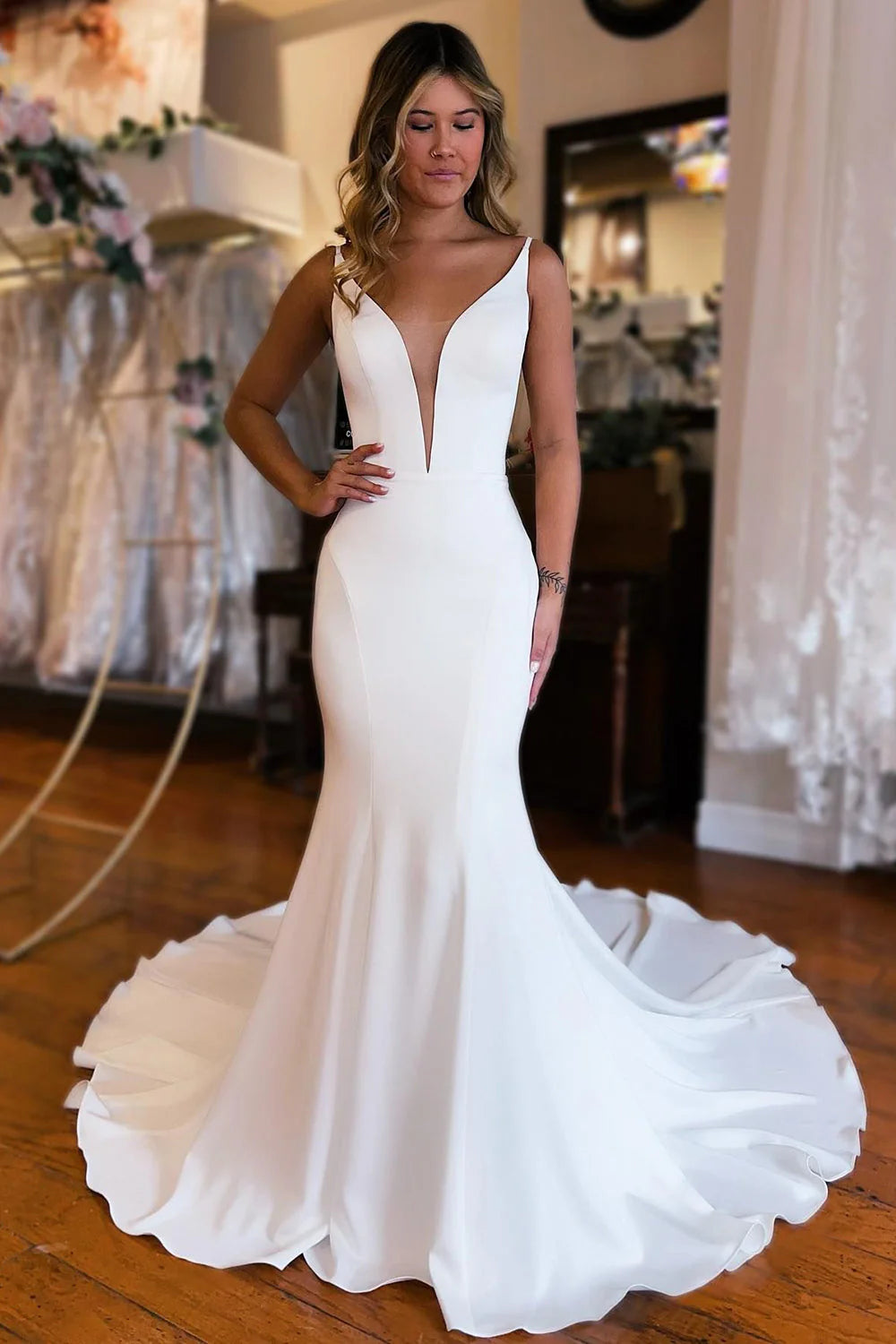 Boho Backless Simple Mermaid Wedding Dress