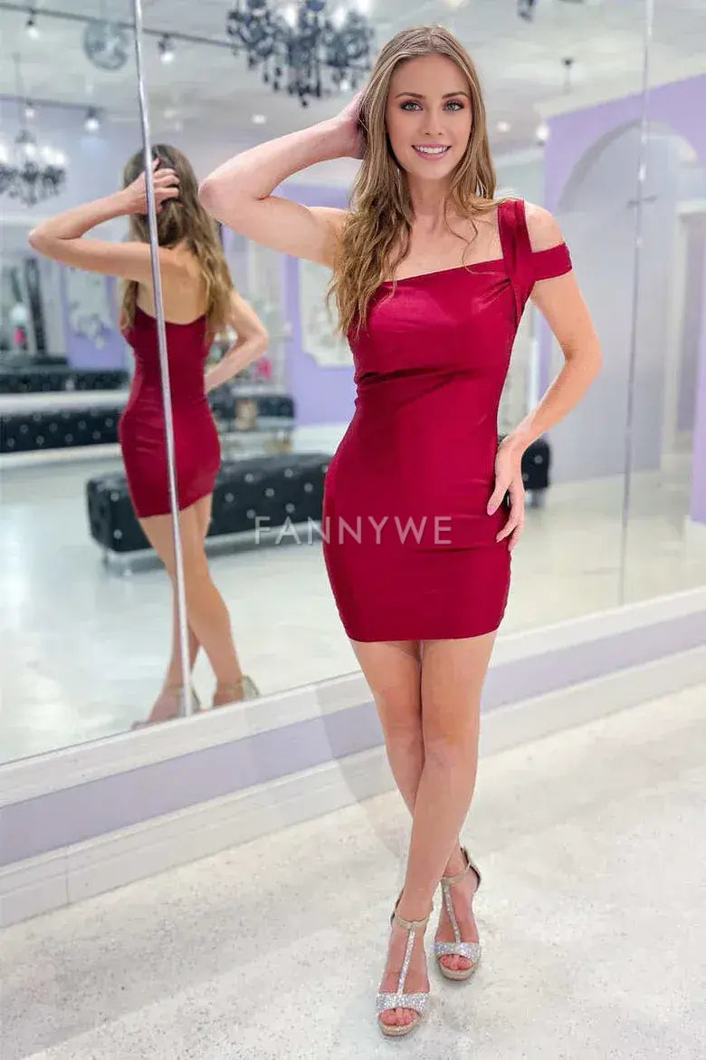 FannyWe Elegant Wine Red One-Shoulder Fitted Short Cocktail Dress formal wear dresses