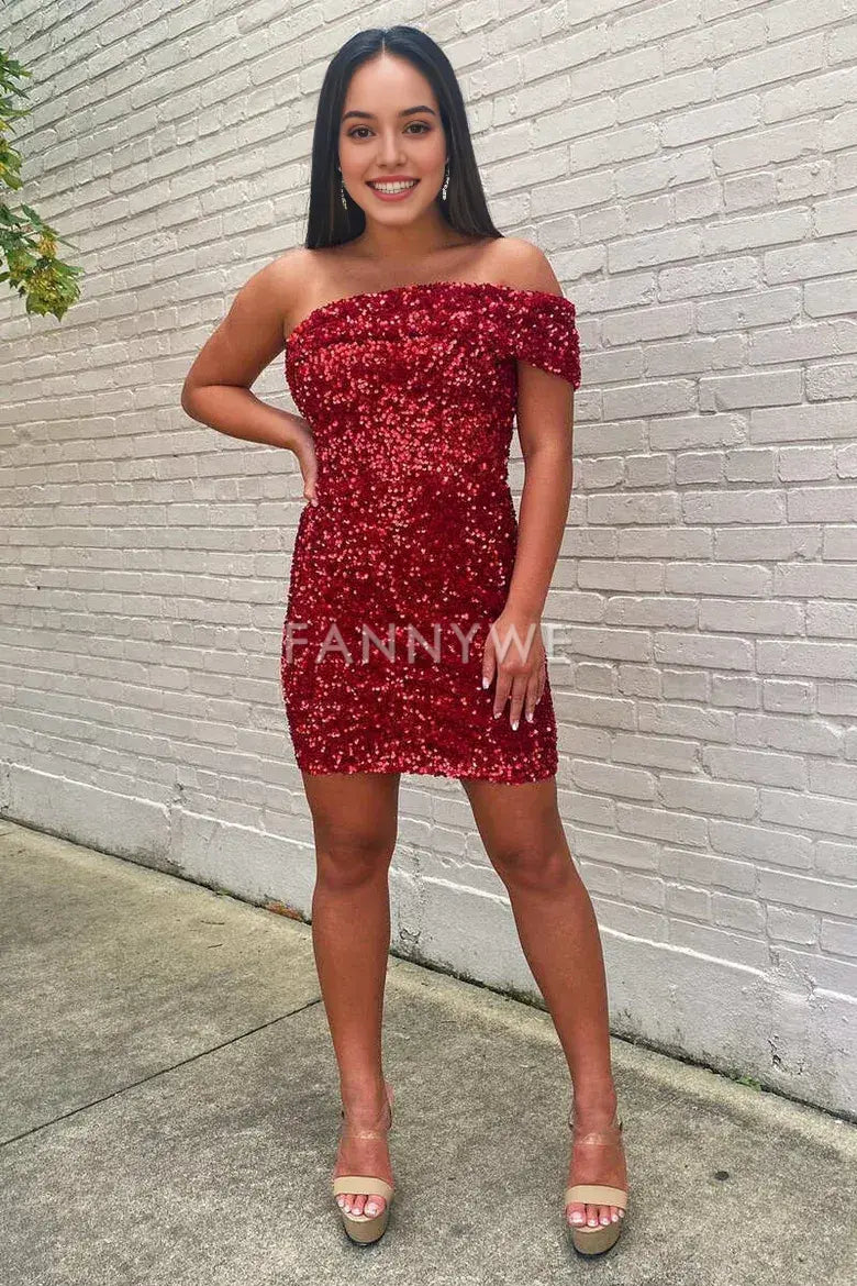 FannyWe Simple Wine Red Sequin One-Shoulder Short Homecoming Dress formal wear dresses