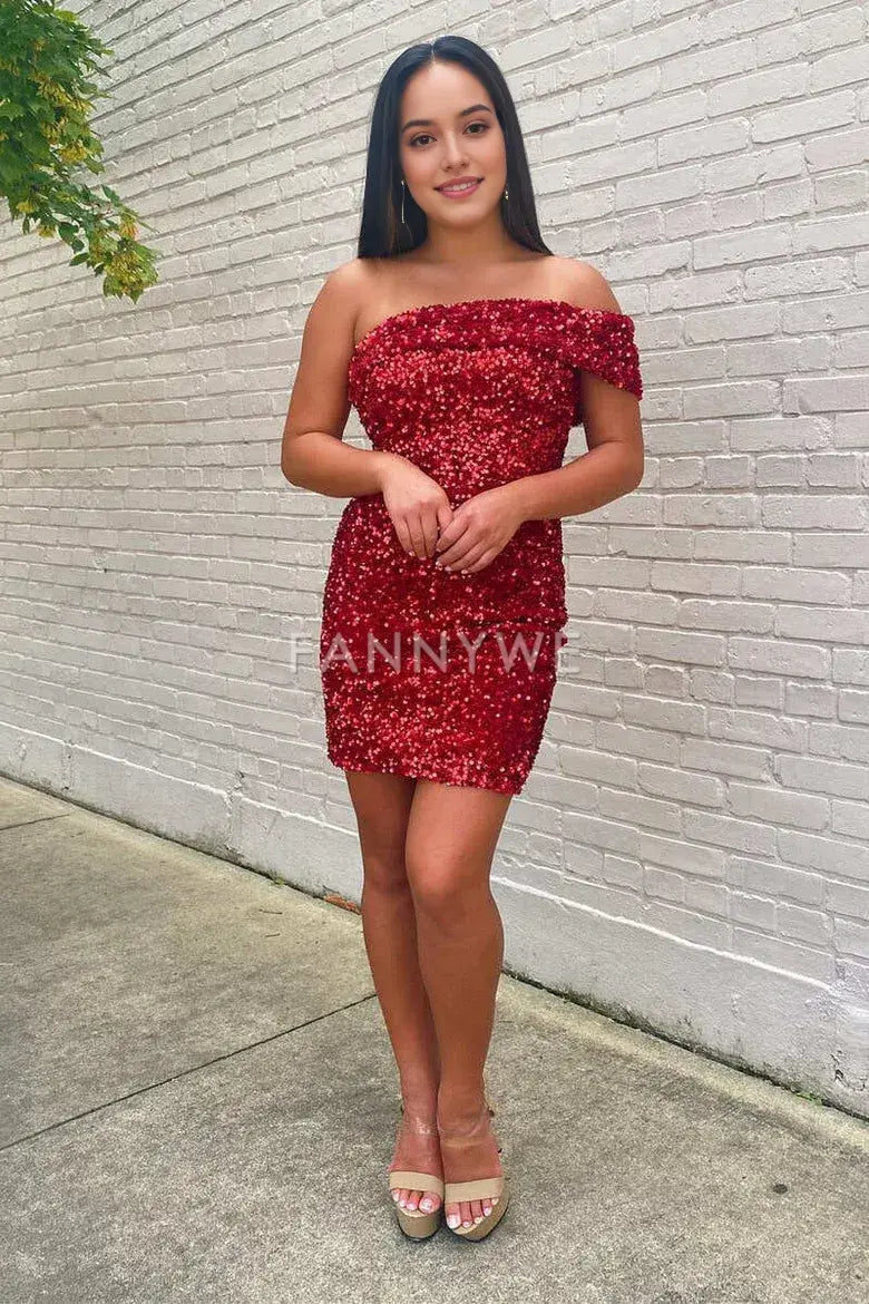 FannyWe Simple Wine Red Sequin One-Shoulder Short Homecoming Dress formal wear dresses