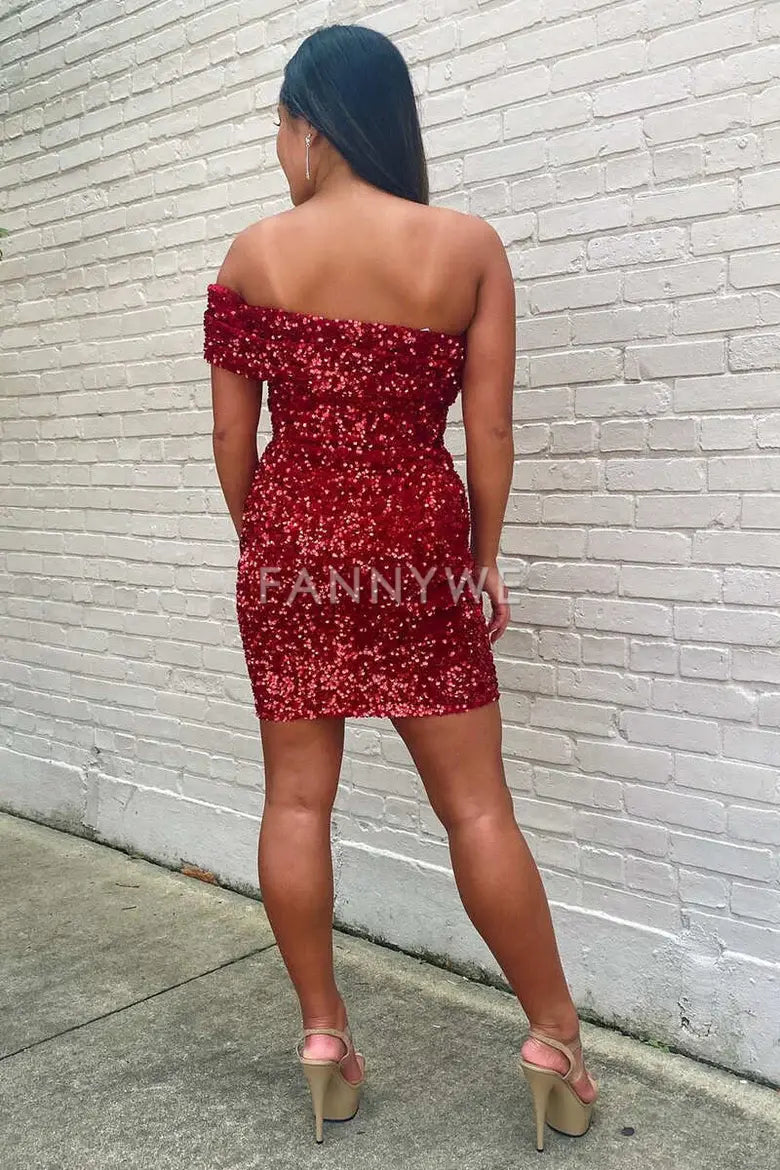 FannyWe Simple Wine Red Sequin One-Shoulder Short Homecoming Dress formal wear dresses