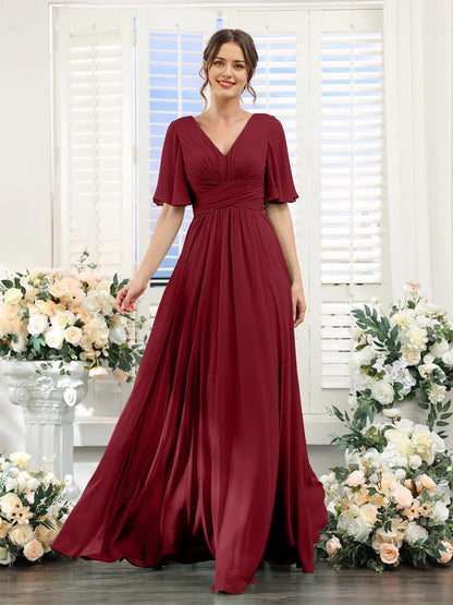A-Linie V-Ausschnitt Ärmel Brautjungfernkleid für Hochzeitsgäste Lange Chiffon Partykleider mit Schlitz