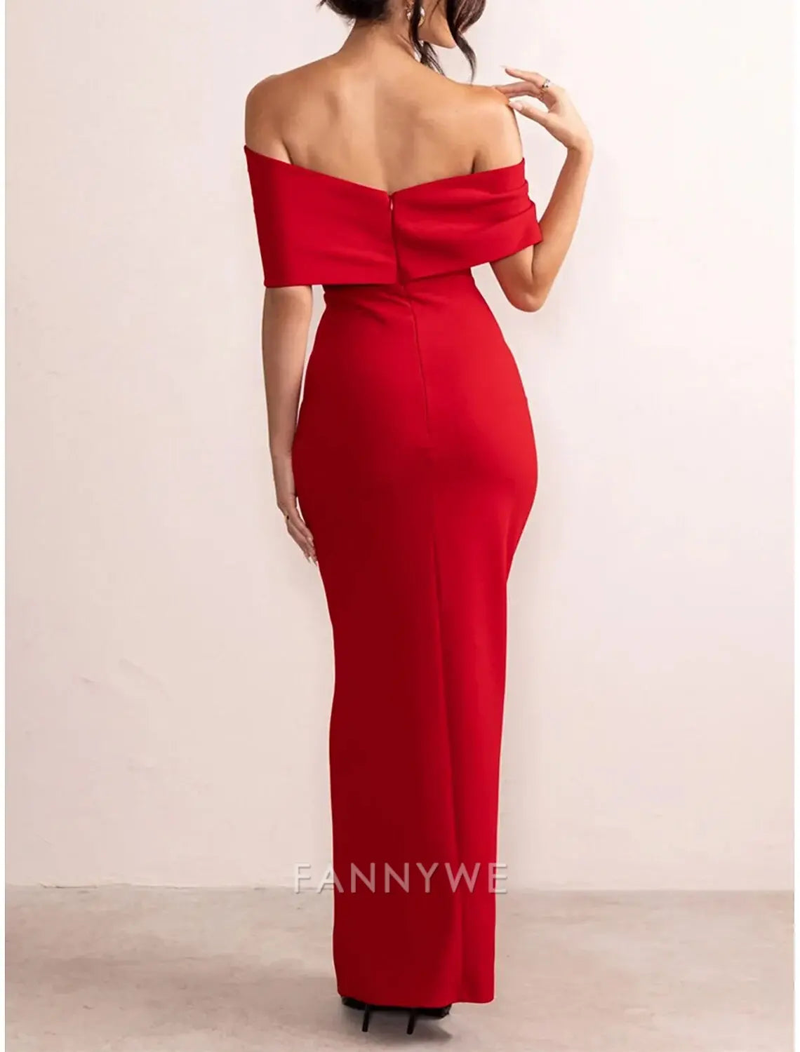 FannyWe Simple Women's Red Dress Prom Dress Party Dress Backless Split Off Shoulder Short Sleeve Wedding Guest Special Occasion Elegant Formal Black Red Summer Spring