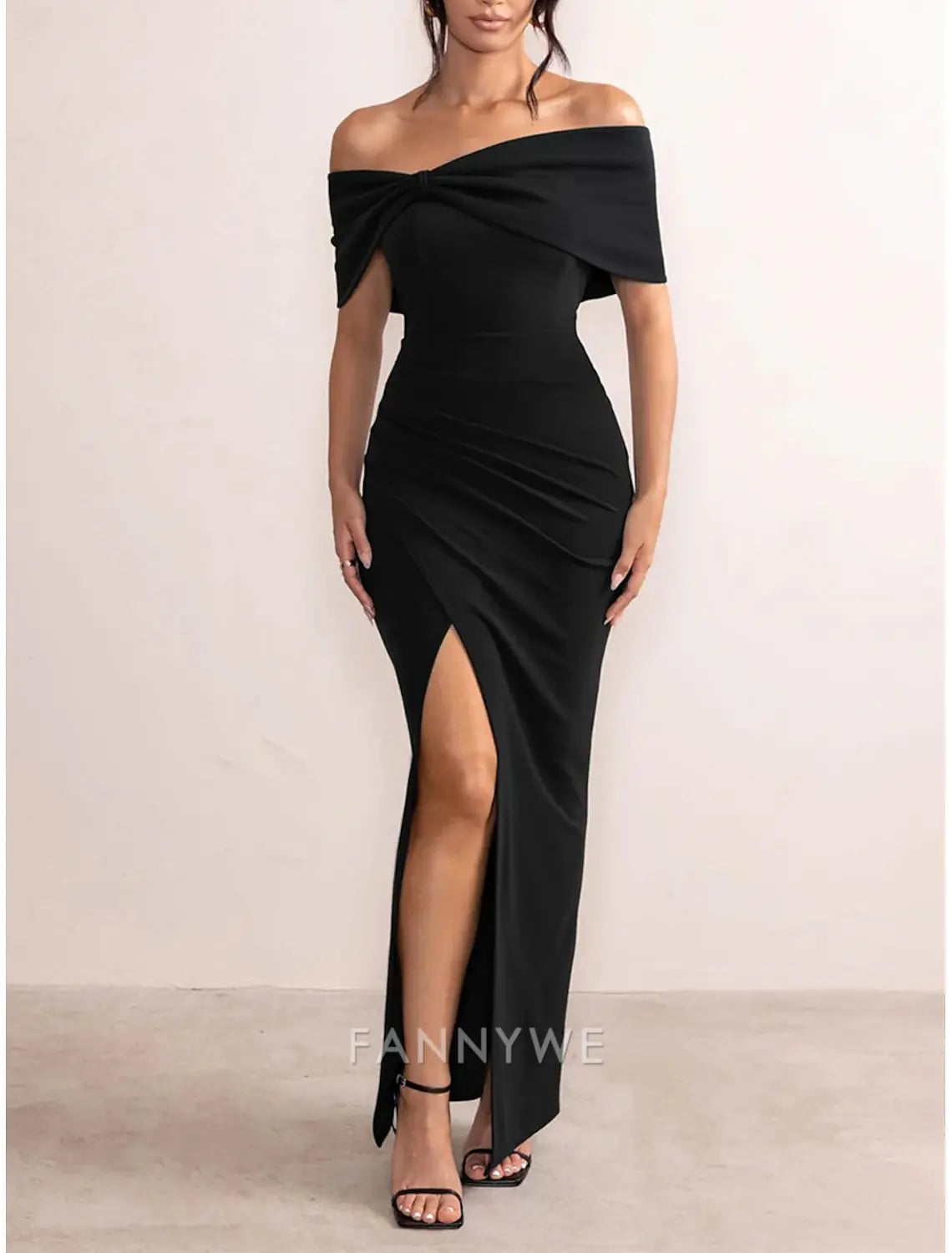 FannyWe Simple Women's Black Dress Prom Dress Party Dress Backless Split Off Shoulder Short Sleeve Wedding Guest Special Occasion Elegant Formal Black Red Summer Spring