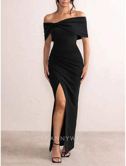 FannyWe Vestido negro sencillo para mujer, vestido de fiesta, vestido de graduación, vestido de fiesta, sin espalda, abertura, hombros descubiertos, manga corta, para invitados de boda, ocasión especial, elegante, formal, negro, rojo, verano, primavera