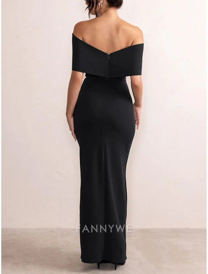 FannyWe Vestido negro sencillo para mujer, vestido de fiesta, vestido de graduación, vestido de fiesta, sin espalda, abertura, hombros descubiertos, manga corta, para invitados de boda, ocasión especial, elegante, formal, negro, rojo, verano, primavera