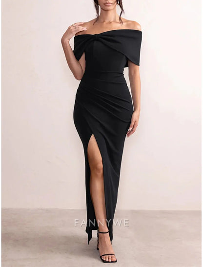 FannyWe Vestido negro sencillo para mujer, vestido de fiesta, vestido de graduación, vestido de fiesta, sin espalda, abertura, hombros descubiertos, manga corta, para invitados de boda, ocasión especial, elegante, formal, negro, rojo, verano, primavera