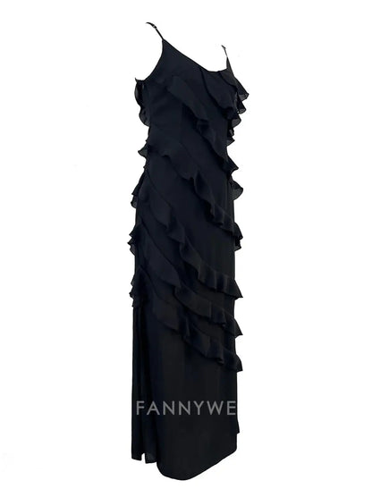 FannyWe Simple Women's Black Dress Prom Dress Party Dress Ruffle Split Spaghetti Strap Sleeveless Wedding Guest Vacation Black Red Summer Spring