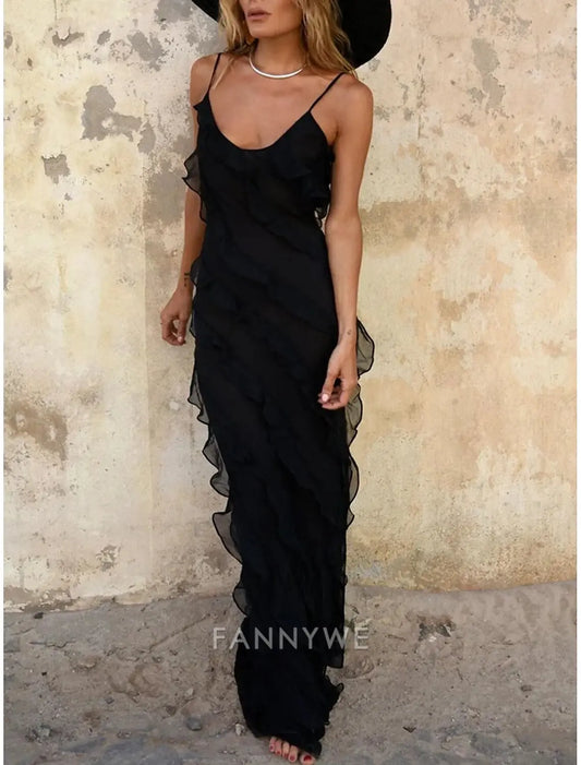 FannyWe Vestido negro sencillo para mujer, vestido de fiesta, vestido de fiesta con volantes, tirantes finos divididos, sin mangas, para invitadas de boda, vacaciones, negro, rojo, verano, primavera 