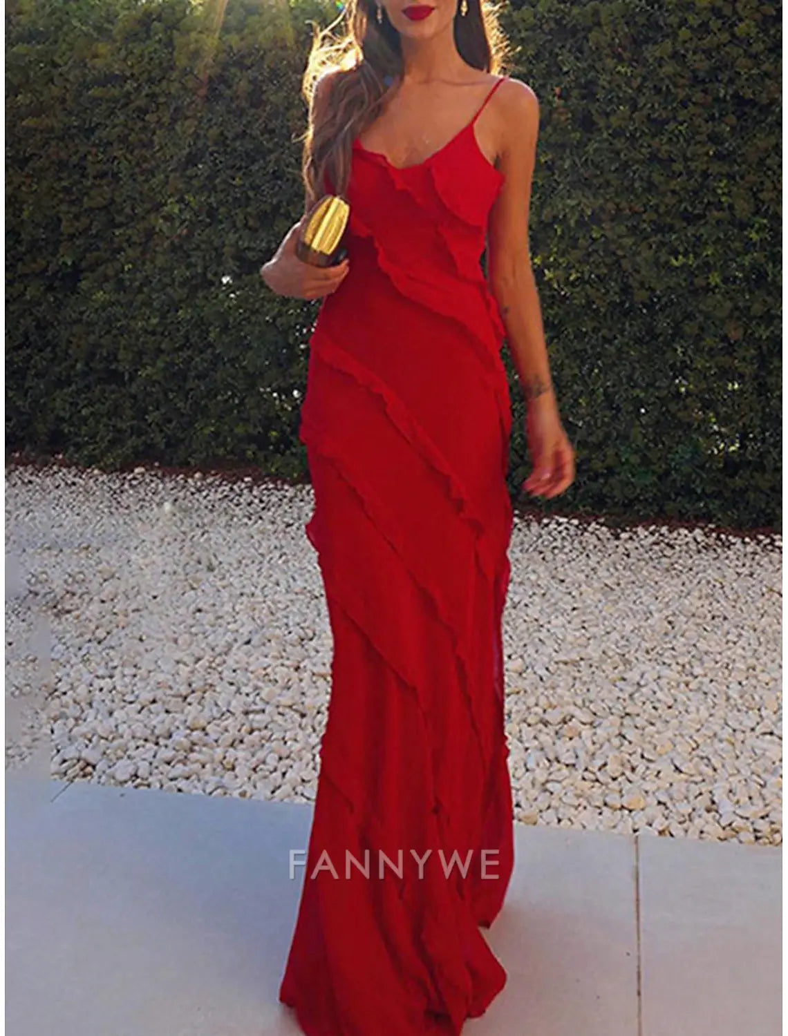 FannyWe Simple Women's Black Dress Prom Dress Party Dress Ruffle Split Spaghetti Strap Sleeveless Wedding Guest Vacation Black Red Summer Spring